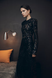 BLACK SWIRL SEQUIN LONG SLEEVE MIDI DRESS
