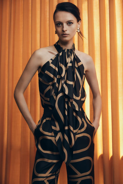 BLACK AND BRANDY GRID SILK TWILL RUFFLE HALTER TOP