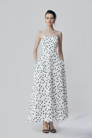 WHITE AND BLACK SPOT JACQUARD A-LINE STRAPLESS GOWN