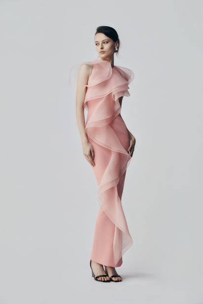ROSE PINK CREPE RUFFLE FRONT GOWN