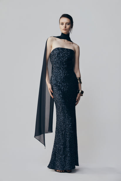 MIDNIGHT CRUSHED SEQUIN STRAPLESS GOWN