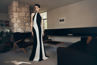 IVORY AND BLACK CREPE PANEL GOWN