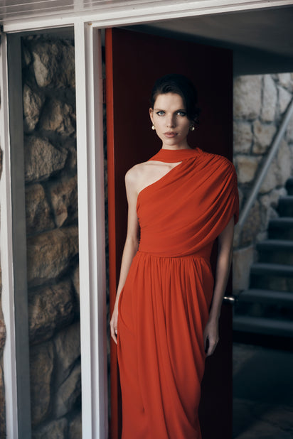 RED GEORGETTE ONE SHOULDER DRAPE TOP