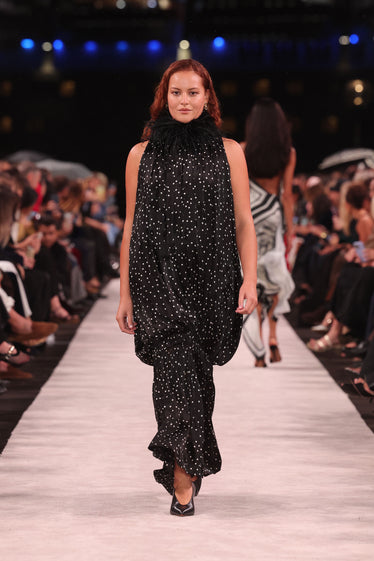 PINSPOT SILK BURNOUT GATHERED LONG DRESS