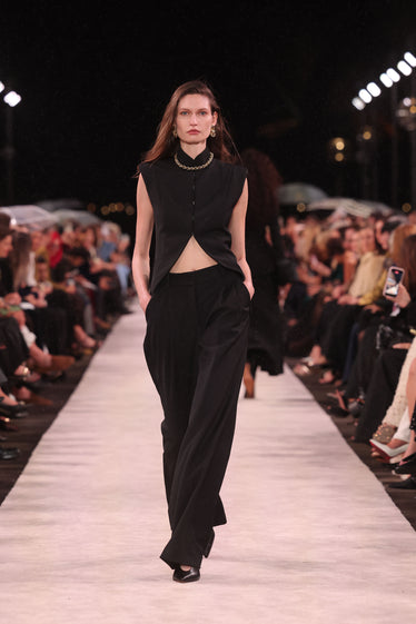 BLACK DOUBLE WOOL STRETCH LONG LINE VEST