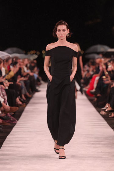 BLACK DOUBLE WOOL STRETCH SCULPTED OFF SHOULDER DRESS