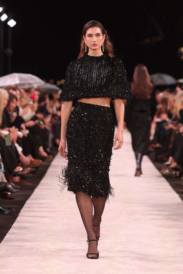 BLACK FRINGE SEQUIN LACE MIDI SKIRT
