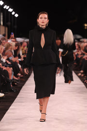 BLACK CREPE PEPLUM FEATHER JACKET