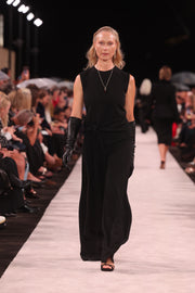BLACK CREPE WAISTED TIE FRONT JUMPSUIT