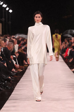 IVORY SATIN ACETATE HIGH COLLAR BELTED DRESS