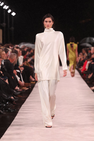 IVORY SATIN ACETATE HIGH COLLAR BELTED DRESS