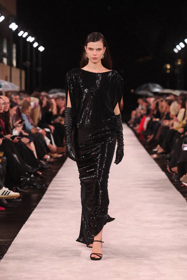 BLACK LIQUID SEQUIN LOW BACK GOWN
