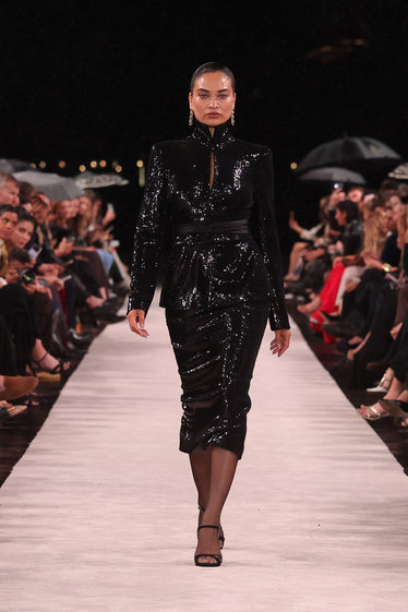 BLACK LIQUID SEQUIN LONG LINE PENCIL SKIRT
