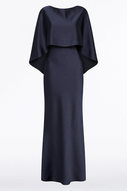 MIDNIGHT SATIN CAPE DRESS
