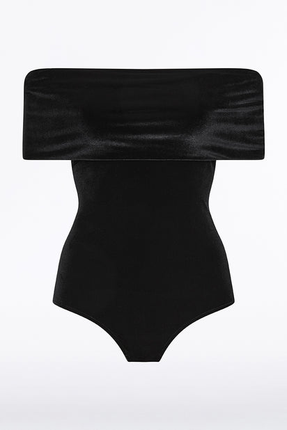 BLACK VELVET OFF SHOULDER BODYSUIT