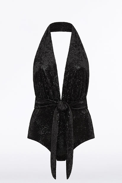 BLACK CAVIAR VELVET DEEP V BODYSUIT