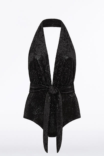 BLACK CAVIAR VELVET DEEP V BODYSUIT