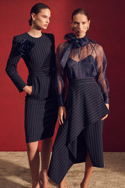 NAVY PINSTRIPE SPLIT SLEEVE MIDI DRESS