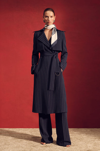 NAVY PINSTRIPE DOUBLE-BREASTED TRENCH COAT