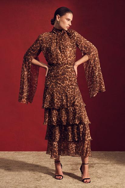 LEOPARD SILK TIERED MAXI SKIRT