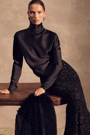 BLACK CRUSHED SEQUIN COLUMN SKIRT