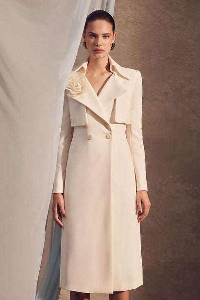 IVORY CREPE DOUBLE-BREASTED TRENCH COAT