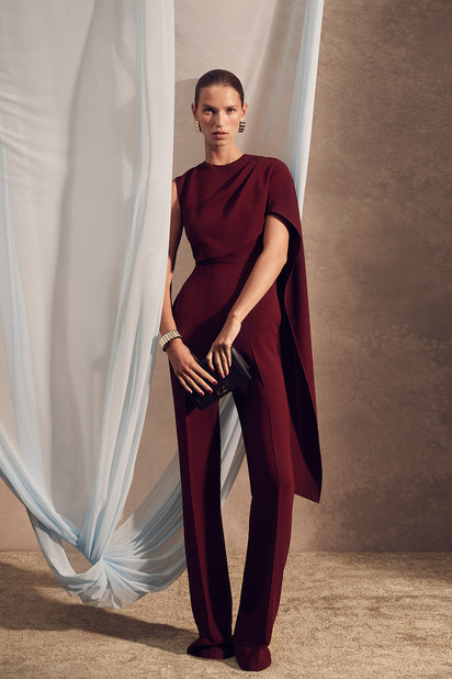 MERLOT CREPE CASCADE JUMPSUIT
