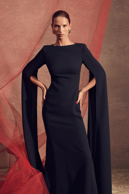NAVY CREPE CELEBRATION SLEEVE GOWN