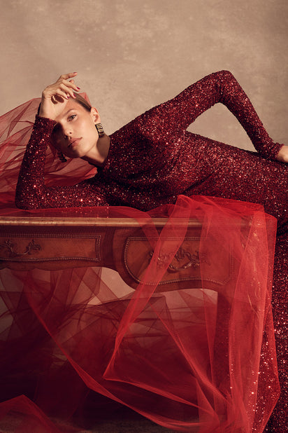CHERRY CRUSHED SEQUIN LONG SLEEVE GOWN