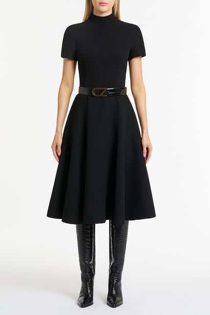 BLACK CREPE CRAVATTA FLARED DRESS