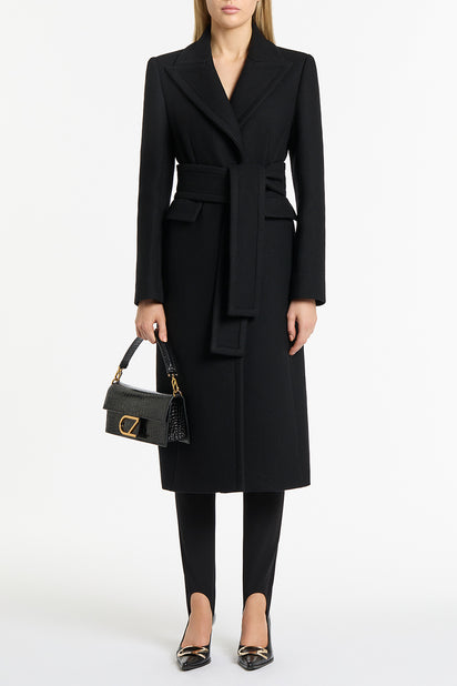 BLACK ITALIAN WOOL BELTED COAT