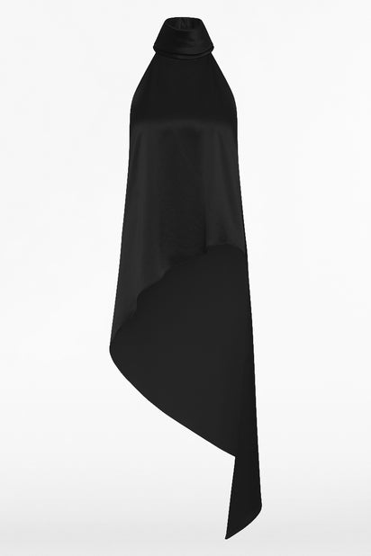 BLACK SATIN ACETATE DRAPED ASYMMETRIC TOP