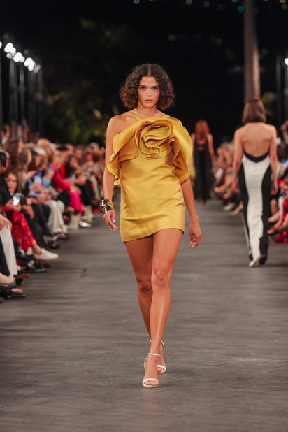 GOLDEN MATTE SATEEN SCULPTURAL FLOWER MINI DRESS