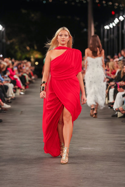 RED GEORGETTE ONE SHOULDER DRAPE TOP