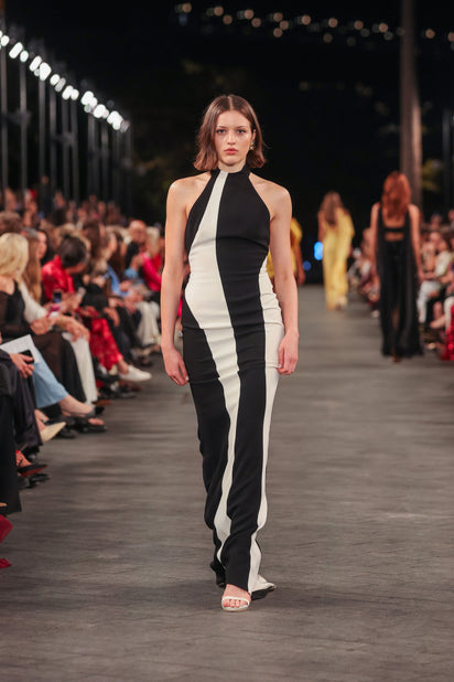 IVORY AND BLACK CREPE PANEL GOWN