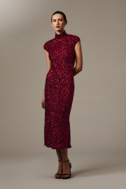 CHERRY CRUSHED SEQUIN CAP SLEEVE MIDI DRESS