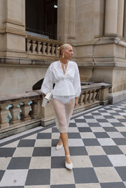 WHITE MESH JACQUARD PUFF SLEEVE BLOUSE