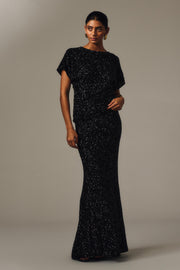 BLACK CRUSHED SEQUIN COLUMN SKIRT
