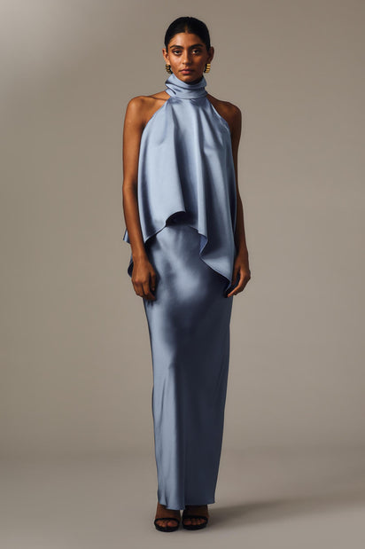 CORNFLOWER SATIN DRAPED HALTER TOP