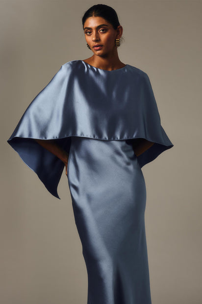 CORNFLOWER SATIN CAPE DRESS