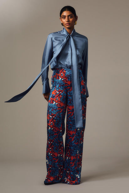 STEEL BLUE SILK RIBBON COLLAR SHIRT