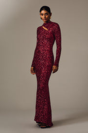 CHERRY CRUSHED SEQUIN LONG SLEEVE GOWN