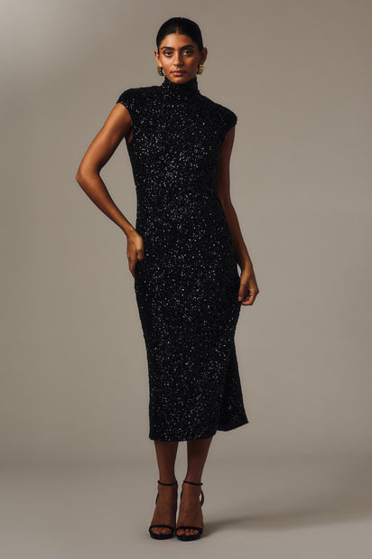 BLACK CRUSHED SEQUIN CAP SLEEVE MIDI DRESS