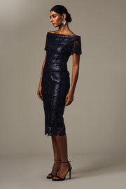 NAVY FOILED LACE OFF-SHOULDER DRESS