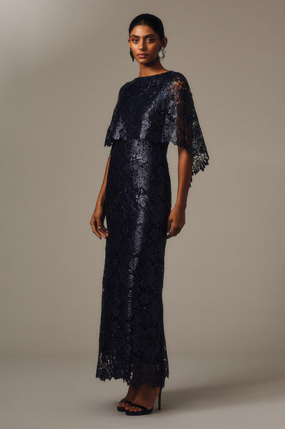 NAVY FOILED LACE CAPE GOWN
