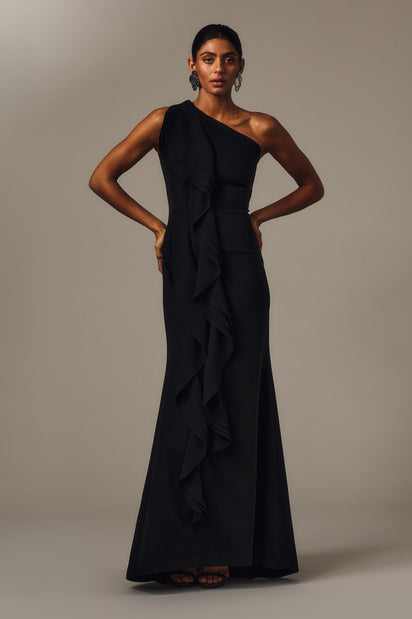 BLACK CREPE ONE SHOULDER PETAL GOWN