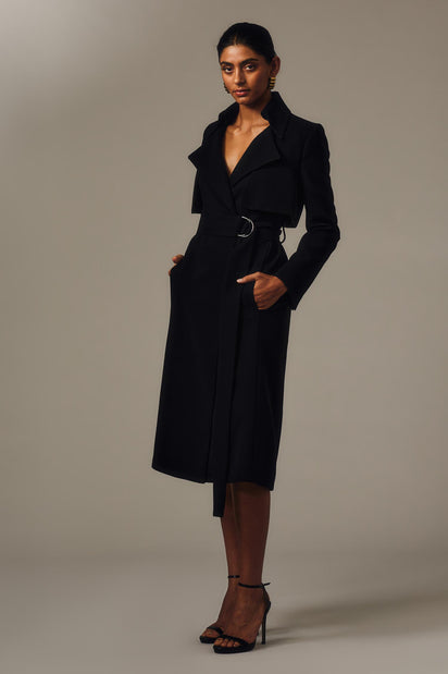 BLACK CREPE DOUBLE-BREASTED TRENCH COAT