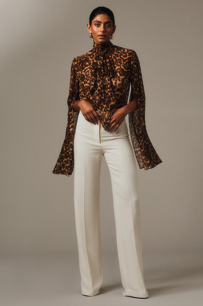 LEOPARD SILK SPLIT SLEEVE TOP