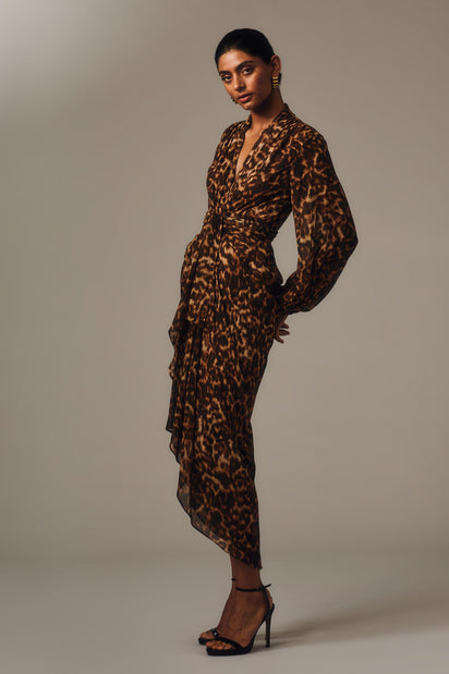 LEOPARD SILK WATERFALL DRESS