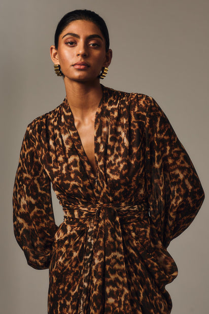 LEOPARD SILK WATERFALL DRESS